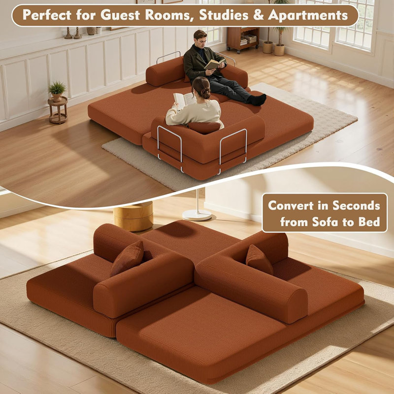 Canapé-lit Canapé-lit modulaire de 78,8 po à canapé-lit à plateau-coussin avec 2 oreillers, canapé-lit pliant en velours côtelé, aucun assemblage requis, canapé de plancher