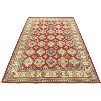Tapis géométrique en laine noué à la main rouge / bleu / beige