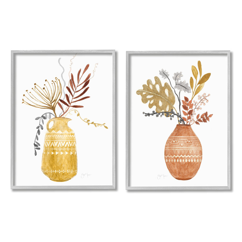 " Boho Wildflower Botanical Arrangements Aztec Patterned Vases " by Tava Studios 2 - Pieces, 11" H x 14" W