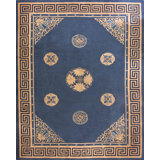 Antique Chinese Blue Color Geometric Greek Key Border Peking Rug