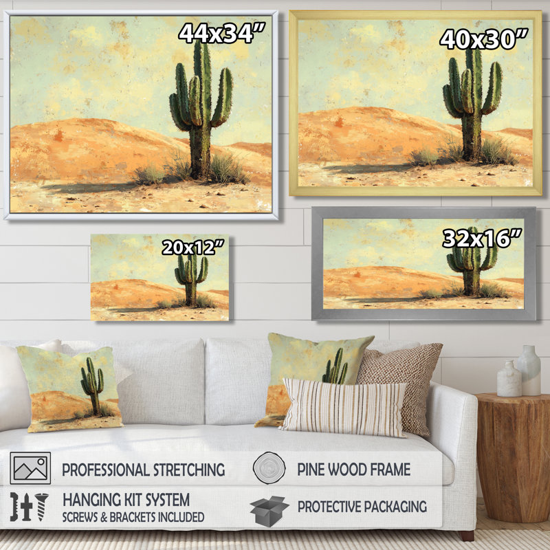 Minimalisme, cactus par les dunes I - art mural grand cactus, Cadre flottant, H 24 po x l 32 po, Blanc