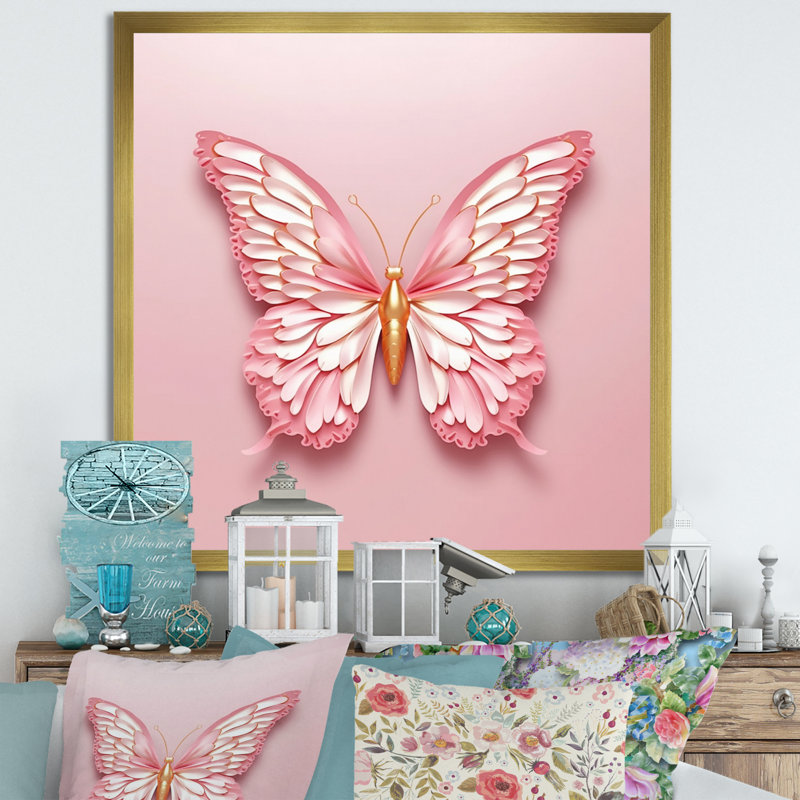 Décoration murale papillon rose et or III, H 24 po x l 24 po x P 1 po, Cadre doré à une seule photo