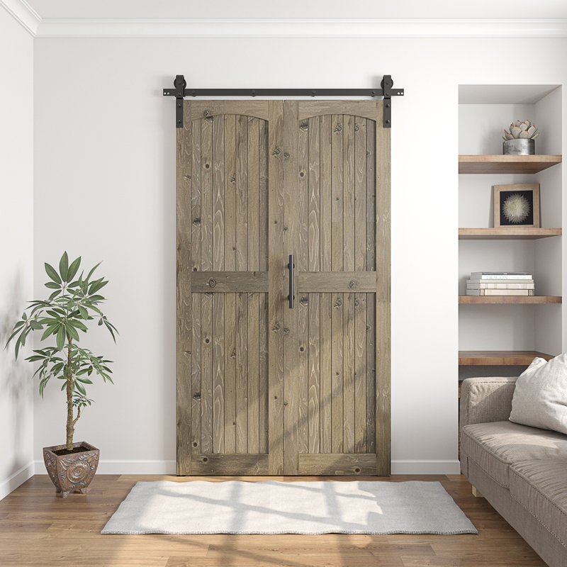 Portes de grange pliées en bois massif 84 po 84 po avec quincaillerie d'installation, 44 po x 84 po, Tonneau vieilli