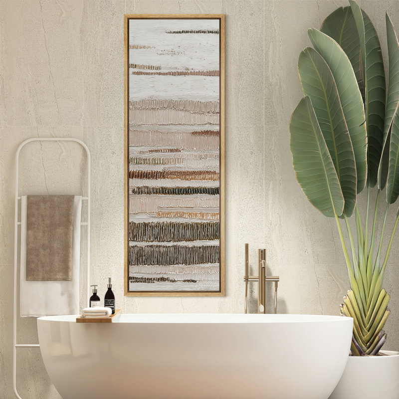 Neutral Horizontal Stripes in Beige and Brown - Large Framed Canvas Master Bedroom Wall Art Print, Natural