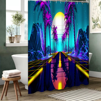 Retrowave Neon Futuristic Landscape Shower Curtain with 12 Hooks