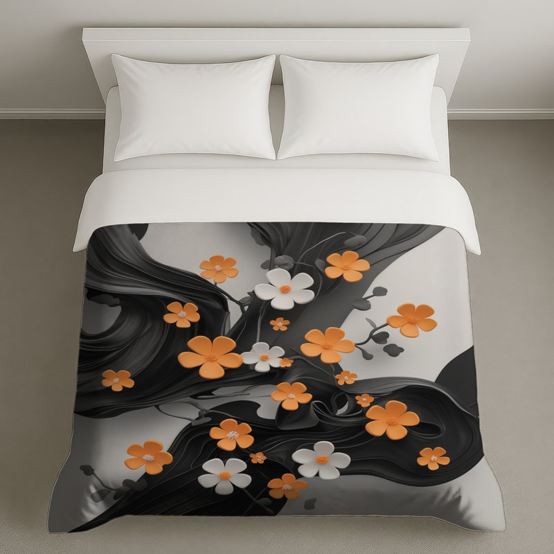 Housses de couette orange, fleurs blanches, Très grand lit
