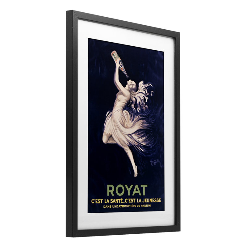 Royat 1923, publicité encadrée sous verre, conception par Leonetto Cappiello, H 23 po x l 17 po, Cadre noir minuit