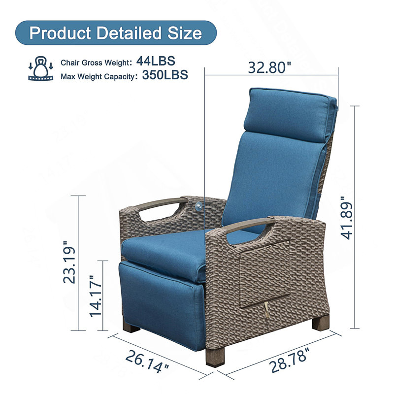 Adjustable Outdoor Recliner Chair With Built-In Table And Weather-Resistant Wicker, Blue, Brown