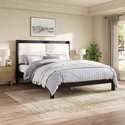 Solid Wood Queen Size Platform Bed Frame With Beige Velvet Upholstered Headboard, No Box Spring Needed, Black Finish