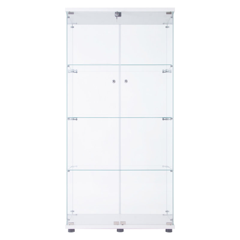 Vitrine à 4 tablettes en verre avec bande à DEL, 12 réglages de couleur, télécommande, 66,21H x 31,34L 14,18W, à piles, verre trempé, coupes en bois massif, sélections, tablettes