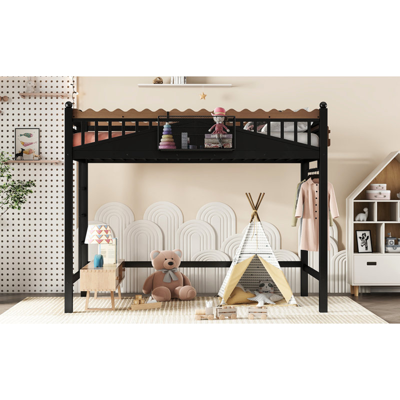 Lit mezzanine simple en métal noir avec rangement, garde-corps et installation facile, Twin XL