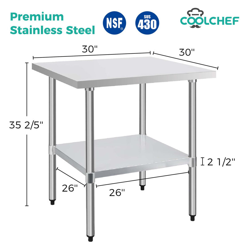 Table de travail durable en acier inoxydable de calibre 18 de 30 po x 30 po avec tablette inférieure pour une utilisation efficace dans la cuisine