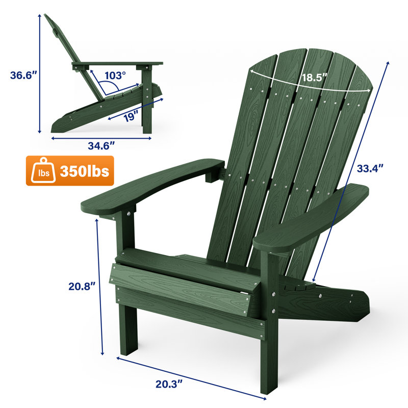 Plastic Adirondack Chair, All-Weather HIPS Outdoor Patio Chairs for Lawn, Garden, Fire Pit, Backyard, Dark Green
