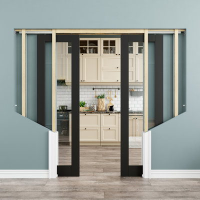 48" x 80" Black Clear Glass Interior Double Pocket Door, Tempered Glass Door Slab with Satefy, Sound-Dampening & Waterproof, As Laundry Doors, Closet Doors, Room Doors