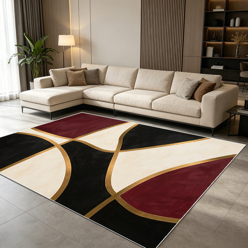 1PC Modern Abstract Geometric Burgundy Black Cream Gold Trimmed area rugs for Living Room, Soft and Comfortable, Suitable for all seasons, easy-to-maintain, machine washable Indoor floor mat, Under Table Farmhouse suitable for dining room, bedroom,