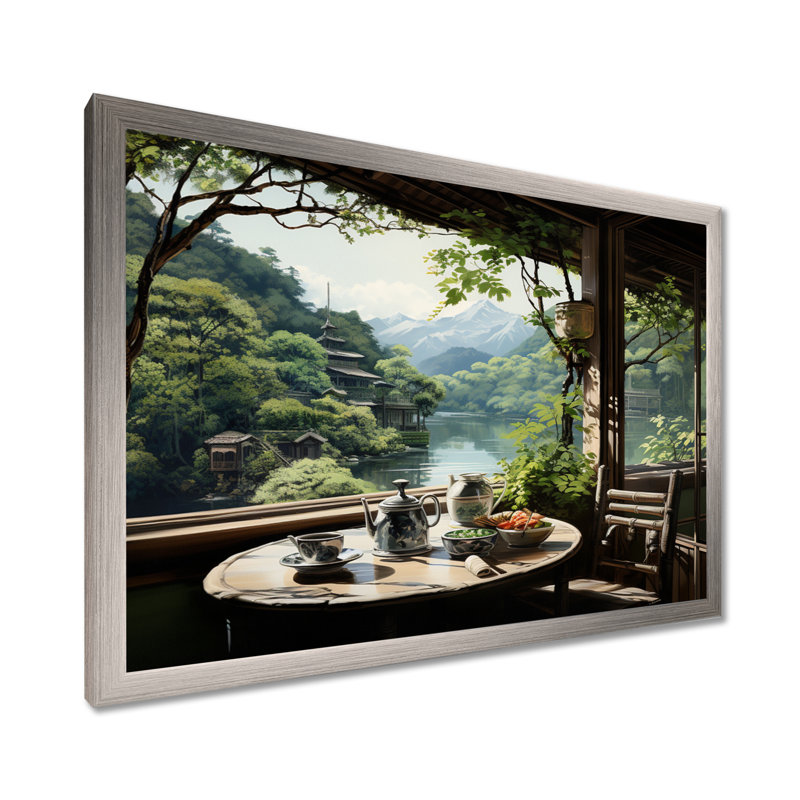 Art japonais, maison de thé Serenity - Art mural japonais, H 34 po x l 44 po x P 1,5 po, Cadre simple argenté
