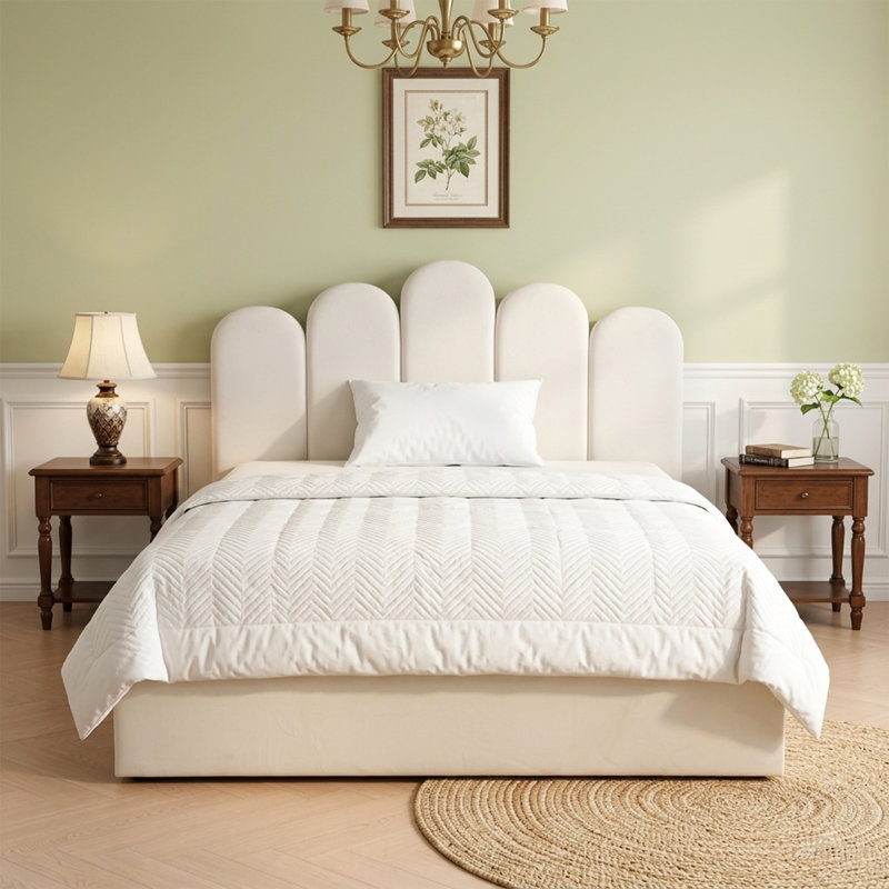 Lit plateforme tapissier Petal Palm, Double, Blanc