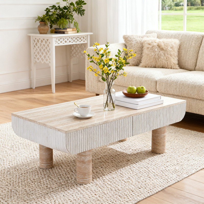 Table basse de style Mid-Century avec dessus en marbre et tiroir cannelé, table de salon de 46,9 po avec rangement caché