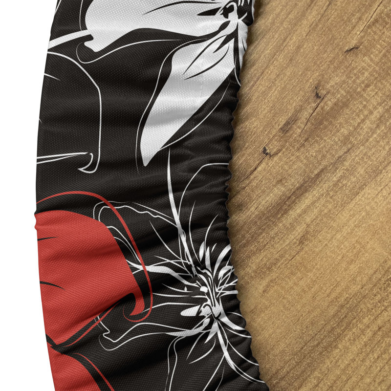 Ambesonne Floral Fitted Round Tablecloth Vermilion White Black, 64.17" Round