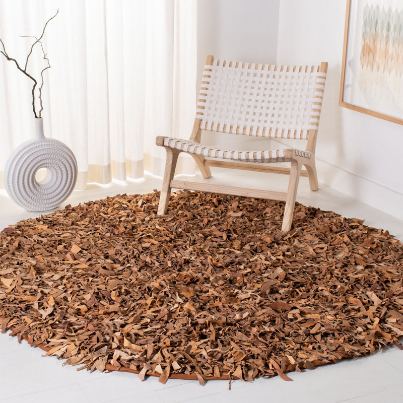 Leather Shag Handwoven Leather Solid Color Rug, Round 4'