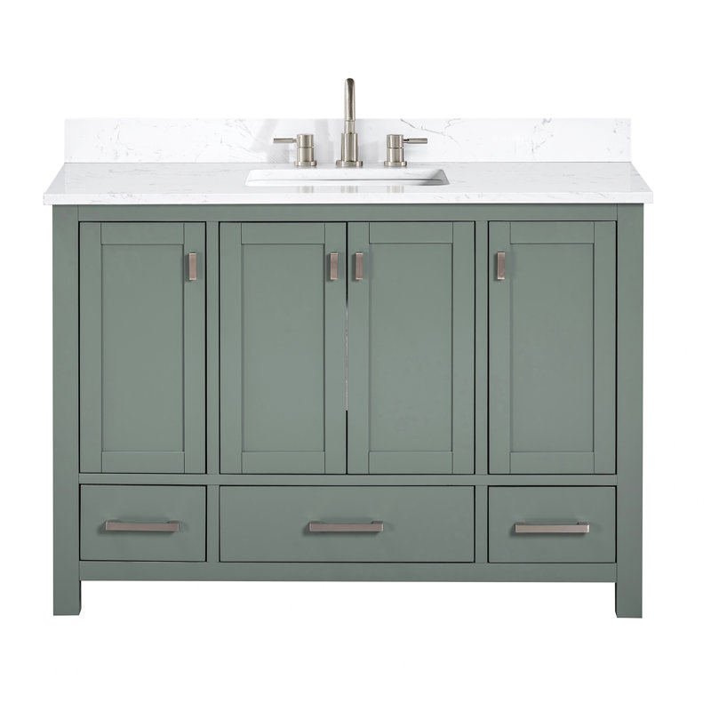 Modero 48" Single Bathroom Vanity with Top, Smoke Green, Brushed Nickel, Cala White Engineered Stone