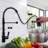 High-arc kitchen faucet with a single-handle pull-down spray head, 2 spray modes, commercial-grade stainless steel kitchen sink faucet, includes a countertop cover, matte black.-122556068