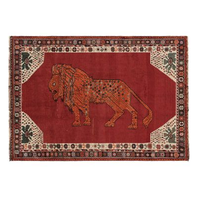 Vintage Gabbeh  Rug, Red With Rust Lion Pictorial - Rug & Kilim