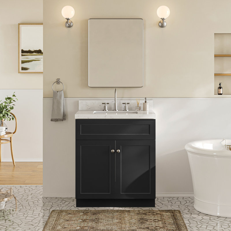 Ariel Hamlet 30 In. Bathroom Vanity With Carrara Quartz Countertop 1.5 Edge, Brushed Nickel, Black