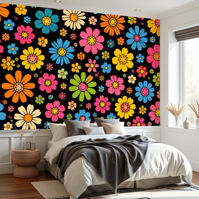 Papier peint adhésif à peler et à coller Feuilles de stylo feutre coloré à la main dessiné à la main à motif floral foncé autocollant amovible sans contact