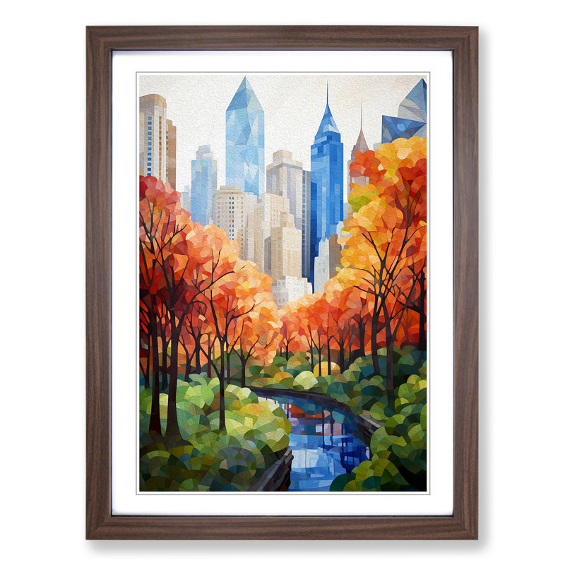 Central Park Geometric No.2 - Single Picture Frame Print on Wood, Walnut Framed, 64cm H x 46cm W x 2cm D