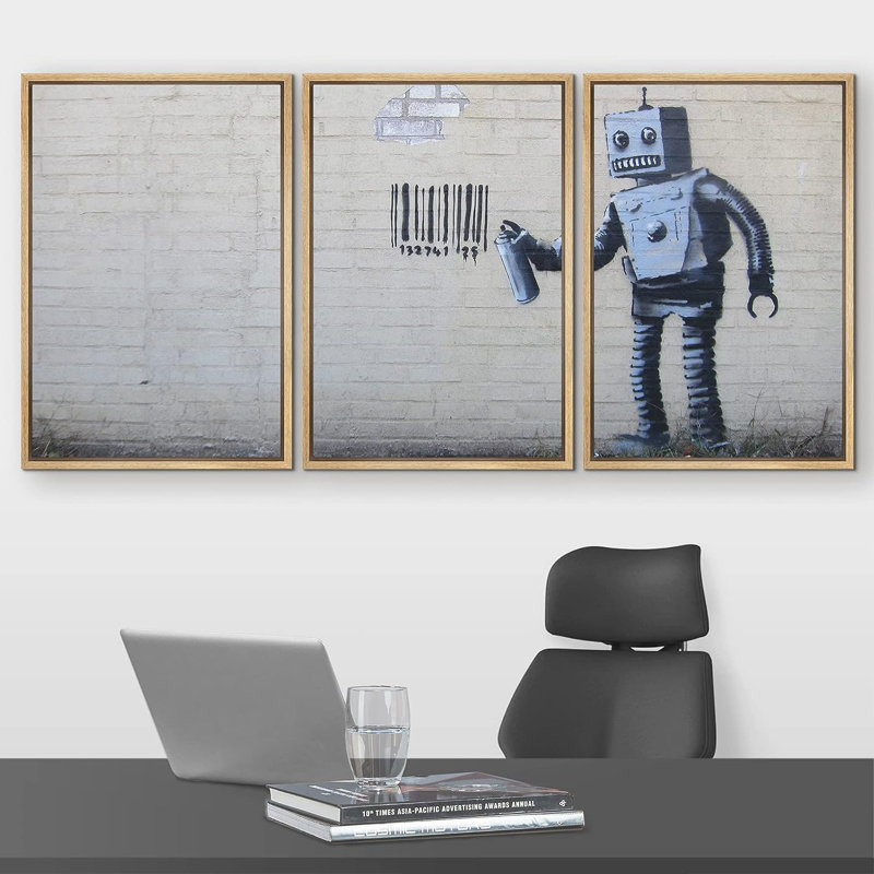 «Robot Graffiti Banksy in Street», reproduction d'art sur toile tendue, H 24 po x l 48 po, Cadre naturel flottant
