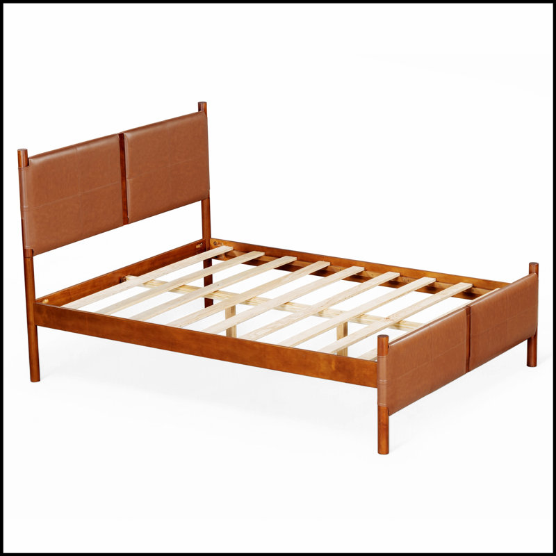 Lit luxueux avec tête de lit en cuir brun et structure en bois massif, parfait pour un sommeil élégant et confortable