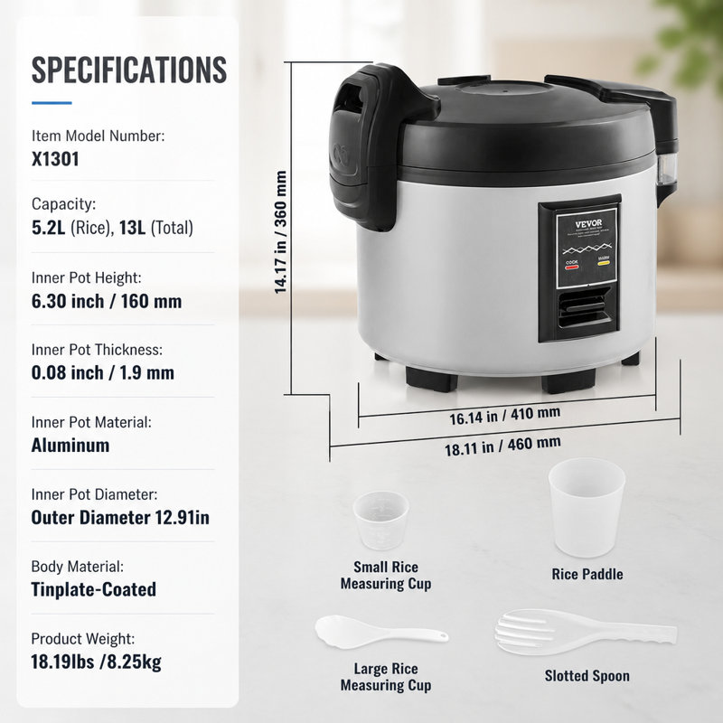 Commercial Rice Cooker 60-Cup Non-Stick Pot 13L 12H Keep Warm