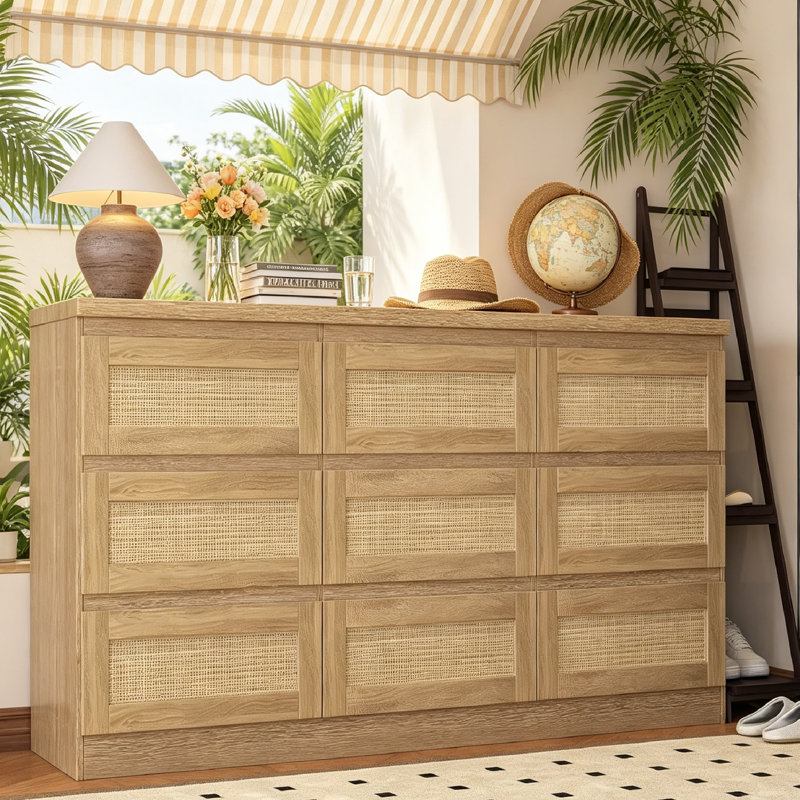 Commode 63 pouces pour chambre à coucher, commode 9 tiroirs en rotin pour commode, commodes doubles en bois et commode pour tables de chevet, meubles télé, salon, entrée, vestibule, vestiaire.