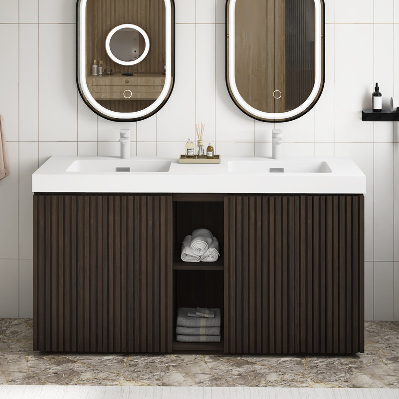 Meuble-lavabo de salle de bain avec lavabo, grand meuble-lavabo autoportant pour salle de bain moderne, lavabo une pièce blanc sans drain ni robinet