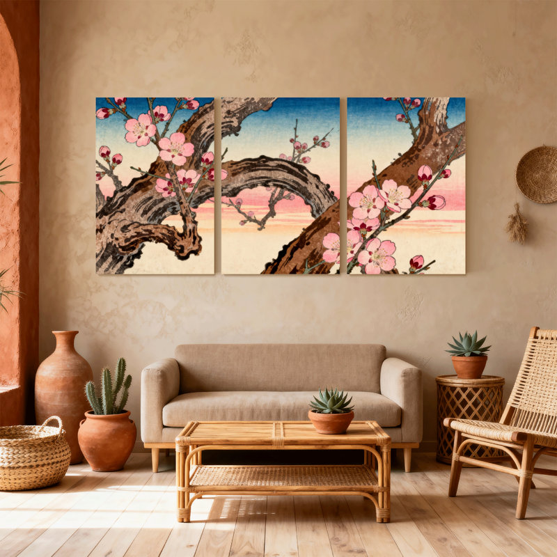 Ensemble de 3 impressions sur toile Cherry Blossom Branches Sunset Sky Reflection, H 18 po x l 36 po