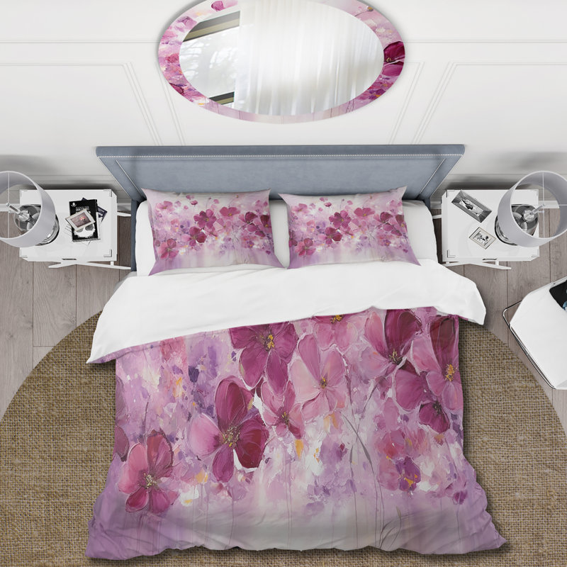 Fuchsia Country Charm Flower's II - Floral Duvet Cover Set - Microfiber Polyester, Queen Duvet Cover + 2 Standard Shams