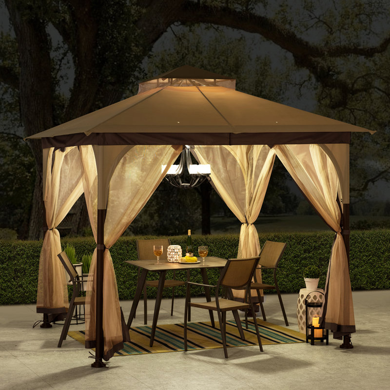 Sunjoy 9 ft. x 9 ft. Gazebo with 2-Tier Canopy Roof, Steel Frame Soft top Gazebo with Ceiling Hook and Mosquito Netting