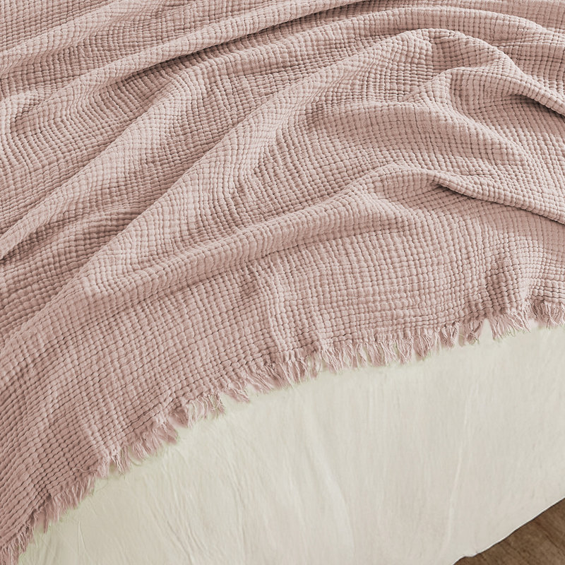 Jeté 100% coton mousseline - 4 couches de gaze tissée avec frange, couverture douce, légère et respirante pour le lit, le canapé ou le voyage