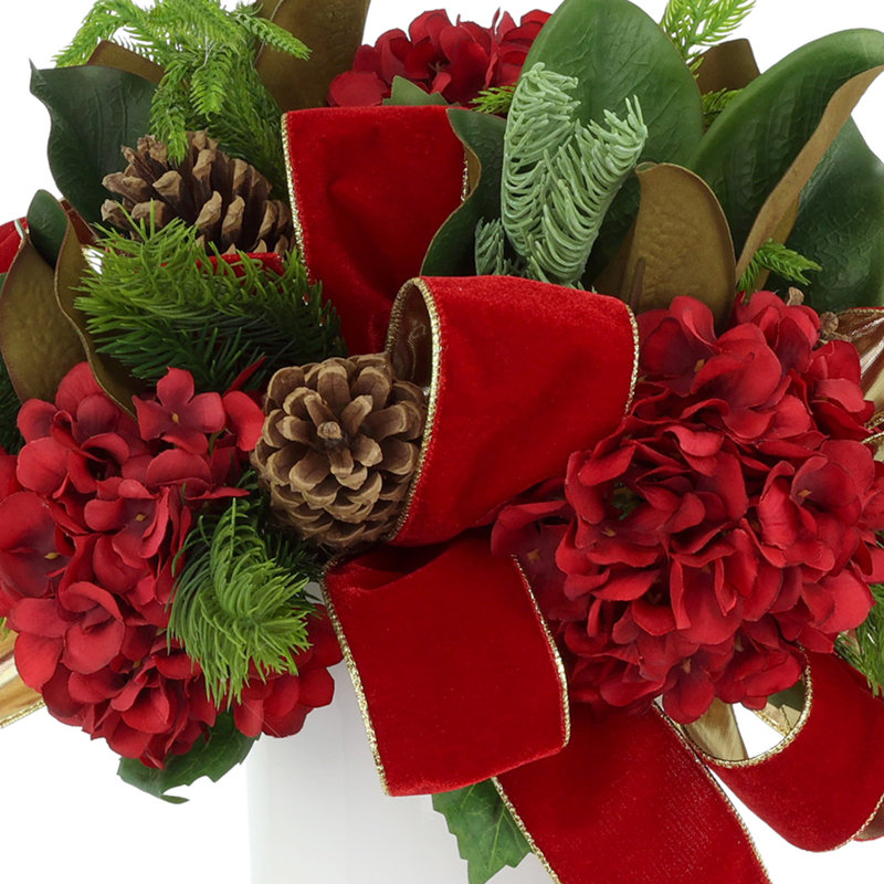 Holiday Arrangement with Hydrangeas, Pinecones and Bows, Red