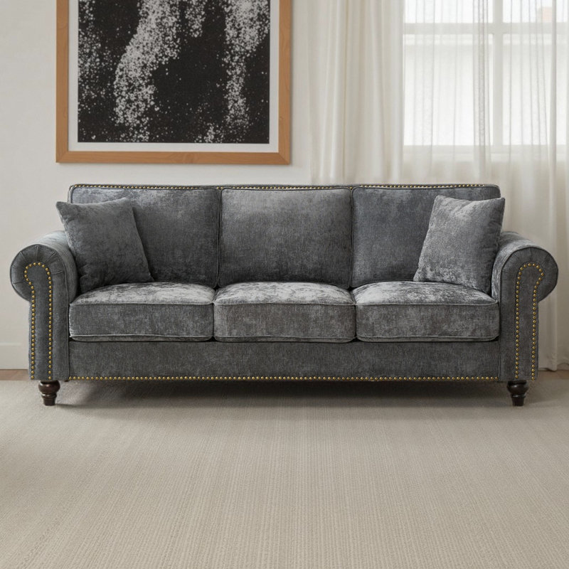 Canapé 86 po moderne à 3 places avec accoudoirs roulés et garniture cloutée, canapé rembourré en chenille avec pieds en bois massif pour salon et appartement (capacité de 700 lb)
