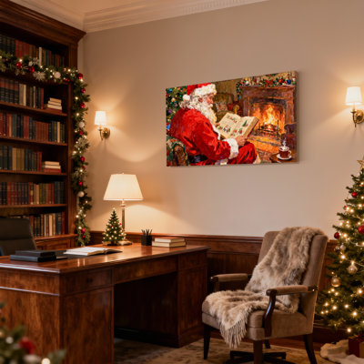 Ensemble de 3 reproductions d'art sur toile, "Christmas Santa Reading Book By Fireplace"