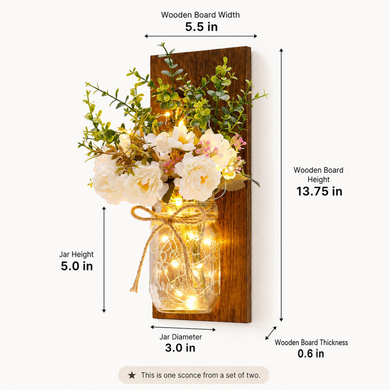 Ensemble de 2 appliques murales en pot Mason rustique, guirlandes lumineuses à DEL et décorations de pivoines