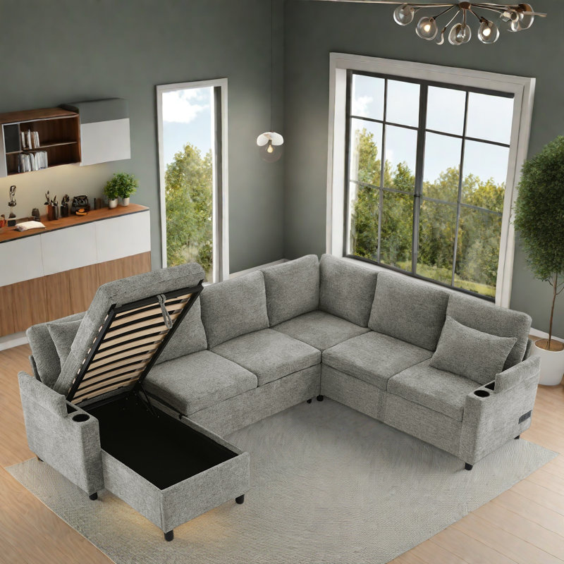 U-shaped Sectional Sofa Bed With Ample Storage Space, Two Cup Holders, Charging Ports And Hidden Storage Chaise