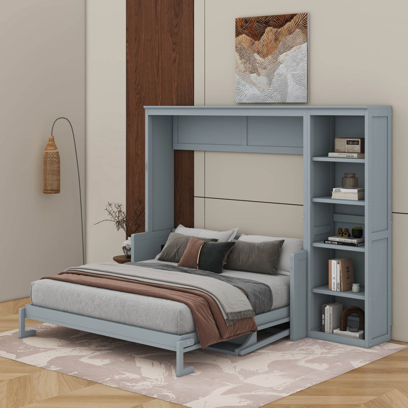 Grand lit escamotable avec bureau et bibliothèque, Gris