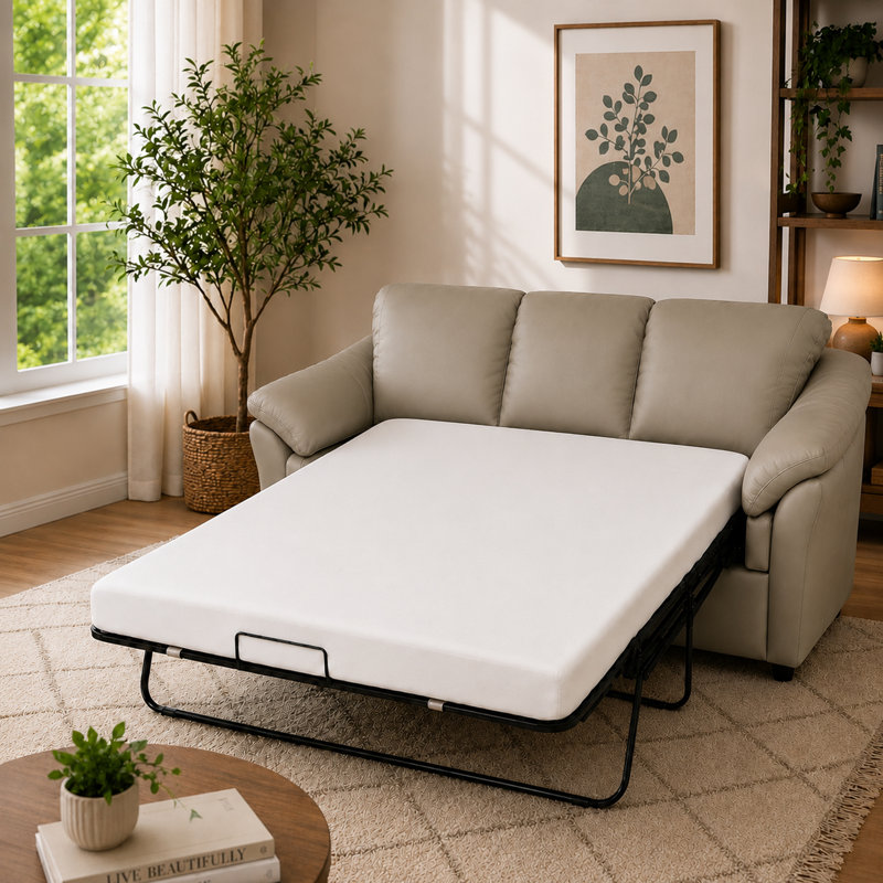 Ramdev Top Grain Leather Sofa Bed with Cushioned Back and Pillow Top Arm, Light Gray