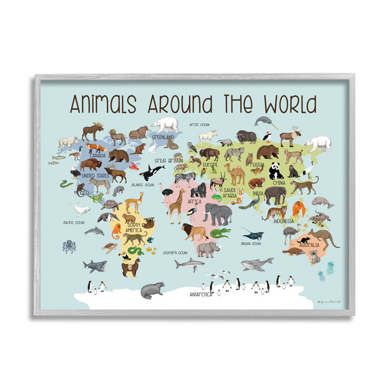 Carte «Animaux autour du monde» par Sally Swatland - impression, H 24 po x l 30 po x P 1,5 po, Estampe numérique Farmhouse