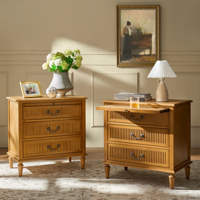 Satine Farmhouse 3-Drawer Fluted Solid Wood End Table with Built-In Outlet and Pull-out Tray