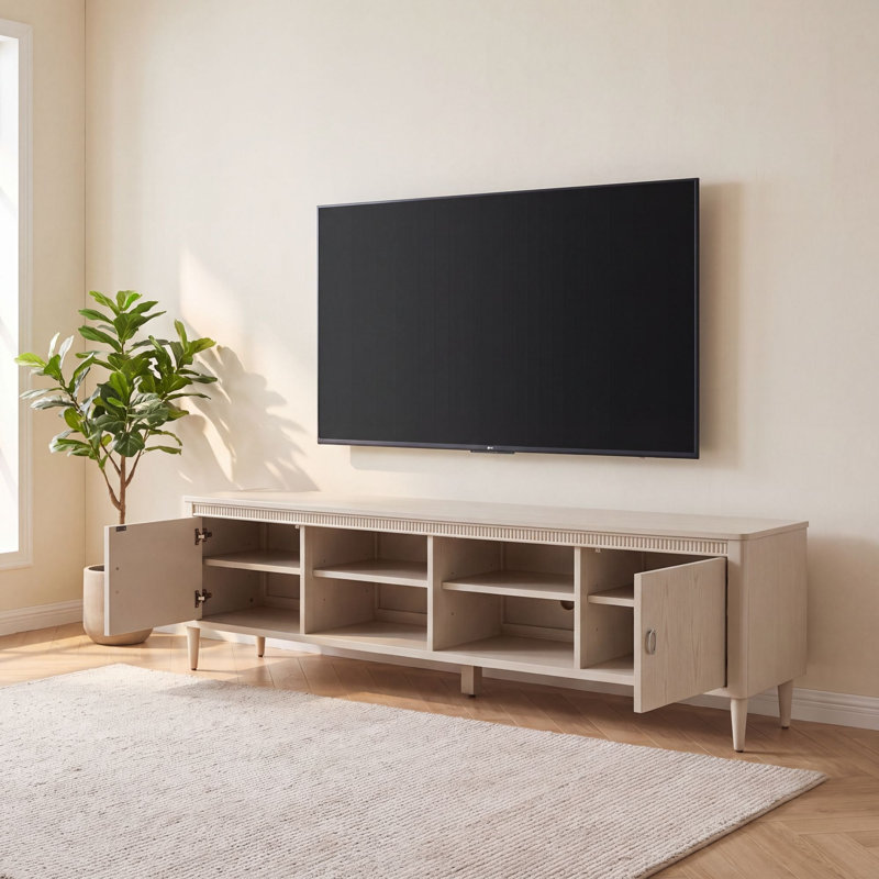 Meuble télé en bois pour téléviseur de 75 po ou moins, centre de divertissement avec meuble de rangement, aucun assemblage requis, lumière moderne luxueuse