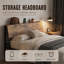 Grand cadre de lit en métal avec tête de lit, tablette en bois et rangement sous le lit-129489444